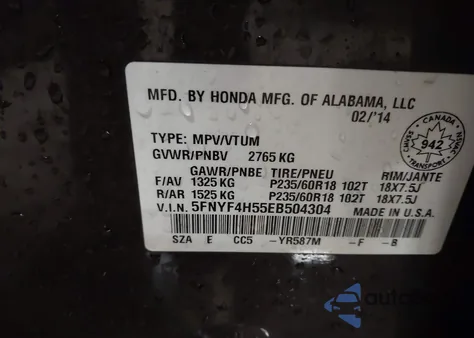 2014 Honda Pilot Ex-L z USA, uszkodzony, nr VIN 5FNYF4H55EB504304